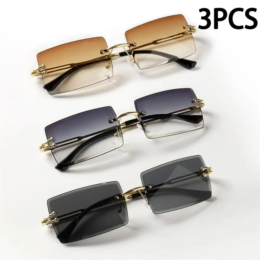 3 Pack Rimless Rectangle Sunglasses for Women & Men, Trendy Y2K Small Frame Sun Glasses, Lightweight Fashion Shades for Summer Travel, Beach, Streetwear & Everyday Wear tiktokshopbacktoschool