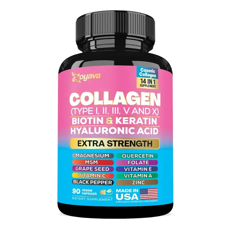 Zoyava Collagen Supplement Capsules, Collagen Type I, II, III, V & X, Formulated with Biotin, Keratin, Hyaluronic Acid & 13+ Wellness Ingredients, Supports Beauty & Fitness Wellness, 90 Capsules, Made in USA