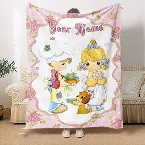 Precious Moments Custom Name Flannel Blanket Personalized Cute Angel Aesthetic Soft Warm Throw For Gamer Room Decor Dorm Essential Bed Sofa Home Holiday Gift