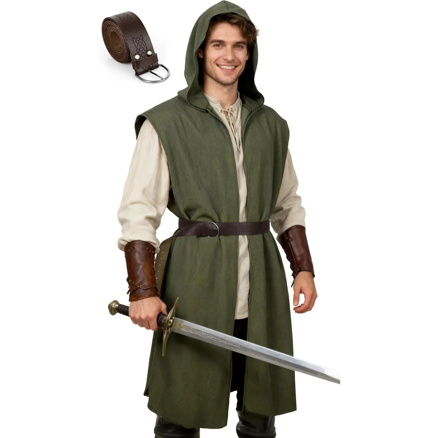 Men's Renaissance Hooded Surcoat - Medieval Sleeveless Tunic Cloak, Viking Costume Outfit for Halloween, LARP, Assassin Cosplay