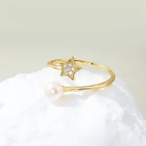 EAMTI 14K Gold Plated 925 Sterling Silver Pearl Rings Star Shaped Adjustable Branch Rings White Fresh Water Pearl Rings Open Cubic Zirconia Engagement Rings for Women