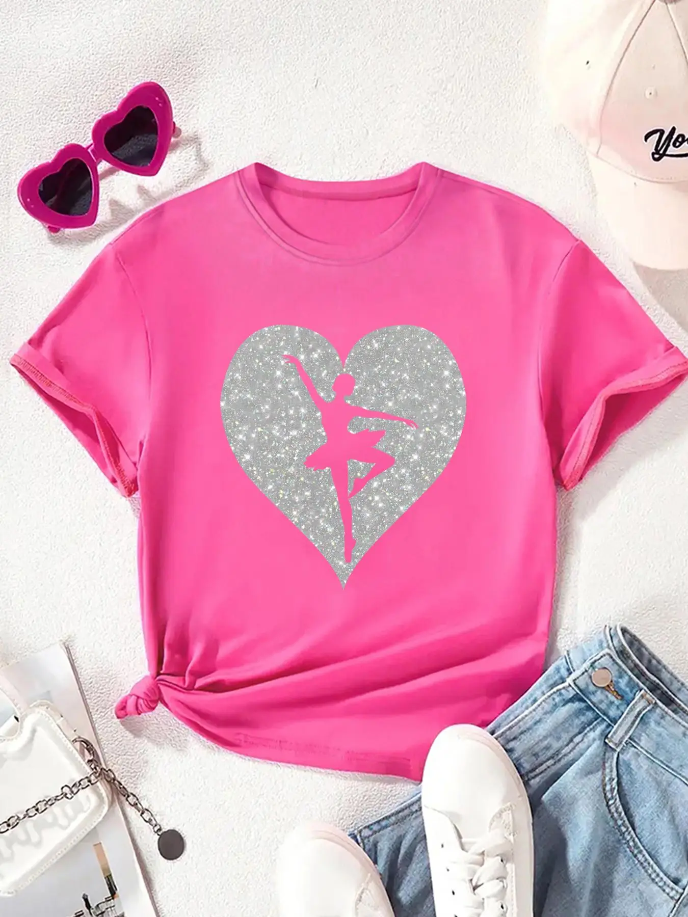 Girl's Heart & Dancer Print Round Neck Tee, Casual Crew Neck Short Sleeve T-shirt, Girls Tops for Summer Daily Wear Valentine's Day, gift
