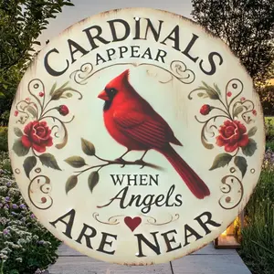 8-in Vintage Cardinal Aluminium Alloy Metal Sign - Rustic Red Cardinal, Floral Wreath, Rustic Farmhouse Design, Inspirational Message, Americana Home Signs - Home Decoration, Garden Accent