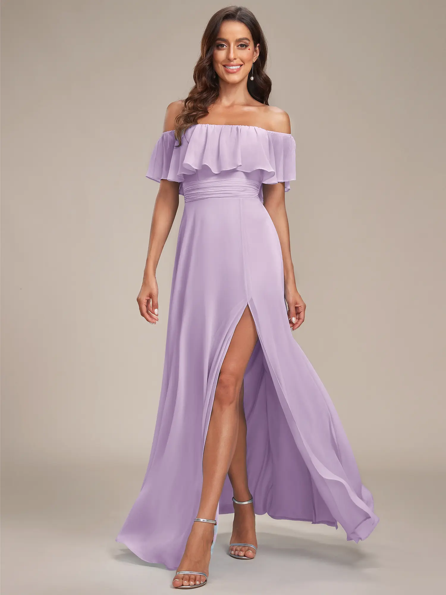 EVER PRETTY Women's Formal Wedding Guest Dress, Elegant Off-Shoulder Chiffon Maxi Gown with Ruffles and High Slit, Elegant Split Hem, Wedding Guest Dresses, Formal Dresses For Women