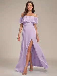 Ever-Pretty 2026 Spring Dress Chic Ruffle Off-Shoulder Chiffon Maxi Gown, High Slit Design for Beach Bridesmaid Dress – Chic & Elegant for  Weddings ES00969 Womenswear Elegance