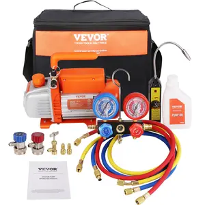 VEVOR 1/4 HP 4 CFM AC Vacuum Pump and Gauge Set, TikTokShopBlackFriday, Single Stage Rotary Vane HVAC Air Vacuum Pump A/C Refrigerant Kit Manifold Gauge Set, with Three-Color Hose Carry Bag, Applicable to R134a, R410a