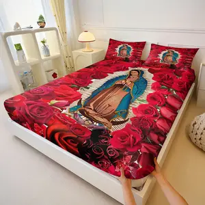 3Pcs Guadalupe Our Lady Of Guadalupe Themed Fitted Sheet Set, Suitable for Various Home DeCor Styles Such As Religious Culture and Retro Art. Machine Washable, Colorfast and Shrink-Resistant, Fully Wrapped, Non-Slip, All-Season Polyester Bedding Set.