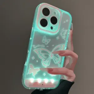 Sound-control Glowing Gradient Butterfly Phone Case, Hollow Cartoon Protective Cover, Couple Style, for iPhone XS, XR, XS Max and iPhone 11–17 Pro, Pro Max and Plus