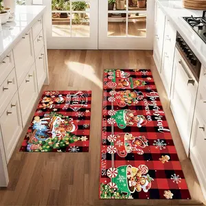 2Pcs Christmas And New Year Printed Kitchen Rug Gingerbread Man Small Train Mat Set Farmhouse Kitchen Carpet Restaurant Floor Laundry Room Decoration Carpet Mat
