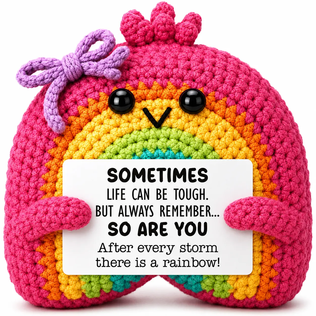 Mini Crochet Rainbow Encouragement Gift with “Sometimes Life Can Be Tough—SO ARE YOU” Card – Thinking of You Gift for Friend, Coworker & Work Bestie