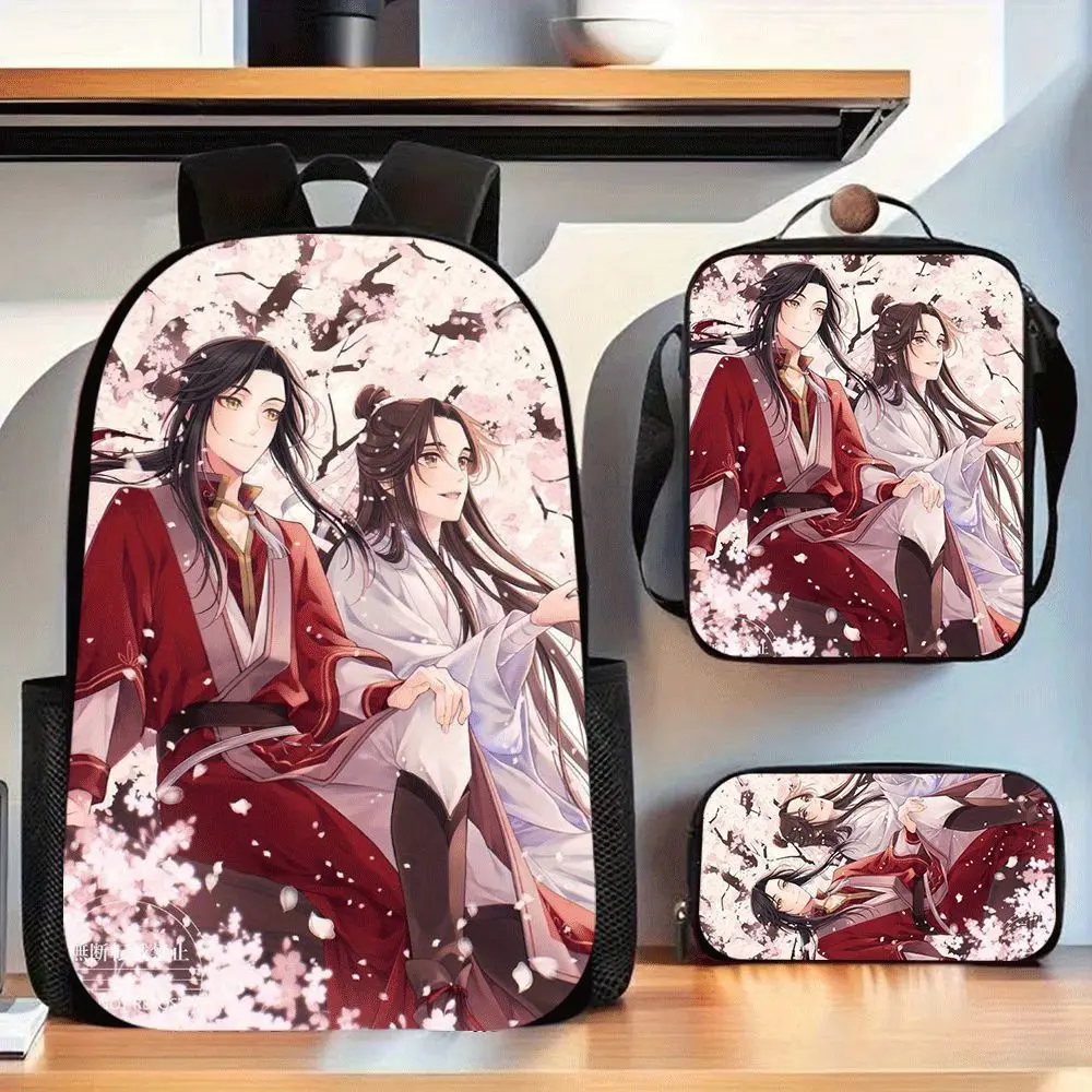 Kids' 3-Piece Waterproof Fabric School Backpack Set - Durable, Lightweight, Back to School Haul with Lunch Box, Heaven Official’s Blessing Hua Cheng & Xie Lian Cherry Blossoms Anime Print Ancient Hanfu Design for Chinese Anime Fans, School Set