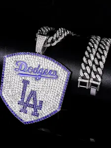 Alloy Full-Diamond LA Basketball Team Pendant Hip-Hop Personality Style with Cuban Chain Necklace, Trendy Jewelry