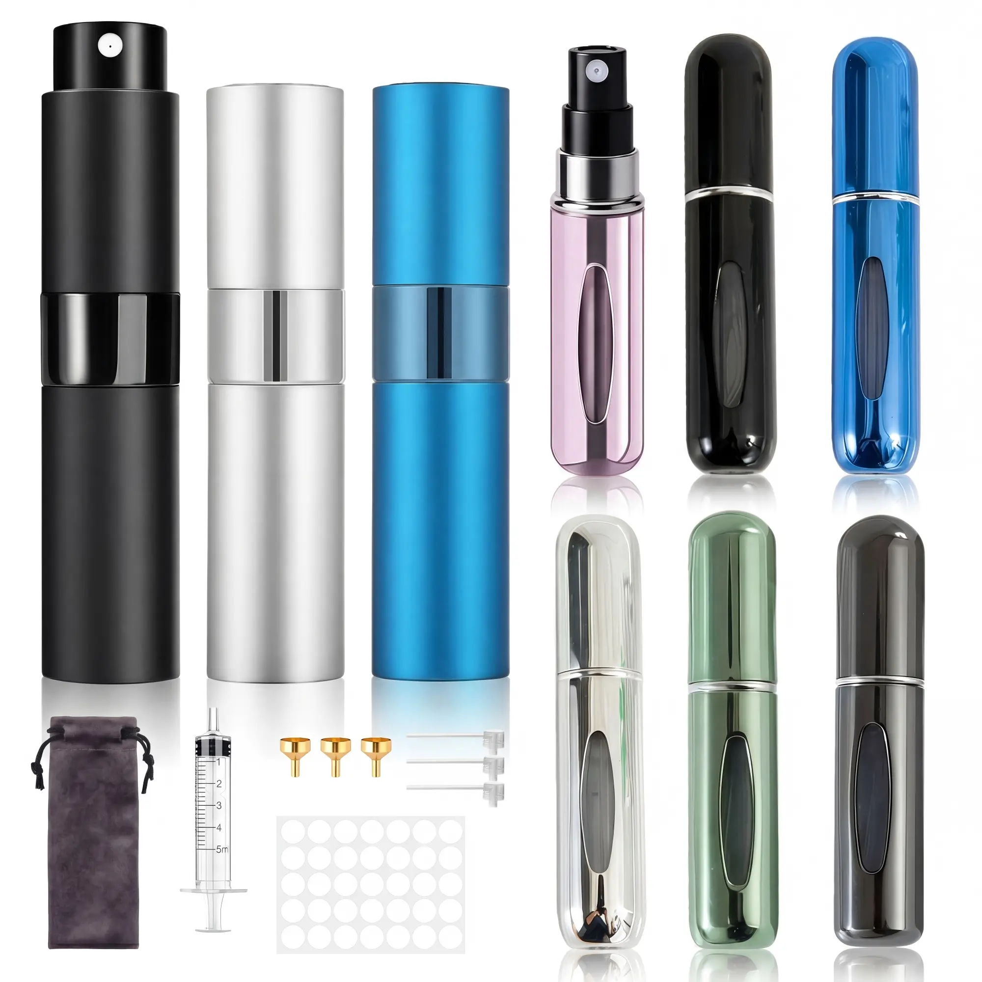 9 PCS Refillable Travel Perfume Atomizer Set, 3x8ml & 6x5ml Mini Portable Aluminium Spray Bottles with Fine Mist Sprayer for Men Women, Compact Durable Lightweight, Portable Travel & Perfume Bottle