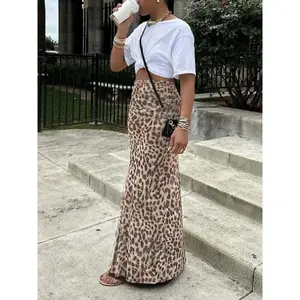 Women's High Waisted Leopard Print Mesh Skirt, Long Plain H-Type Slim-Fitting A-Line Split Design, Versatile Fashion Bottoms