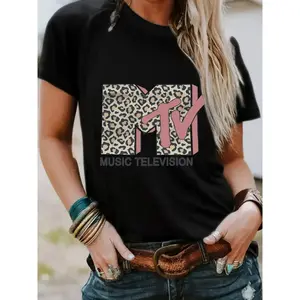 Women'S Leopard Print Round Neck Graphic Tee, Vintage Trendy Casual Streetwear Short Sleeve Fitted T-Shirt For Daily Wear, Ladies Summer Outfit