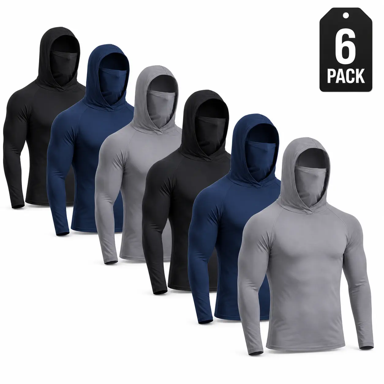 Men's 6-Pack Hooded Sun Shirts, Long-Sleeve Quick-Dry Polyester with Built-in Face Cover, UV Protection for Hiking & Outdoor Work, Sun Protection, Long Sleeve Shirt, Solid Men's Long-Sleeve T-Shirts