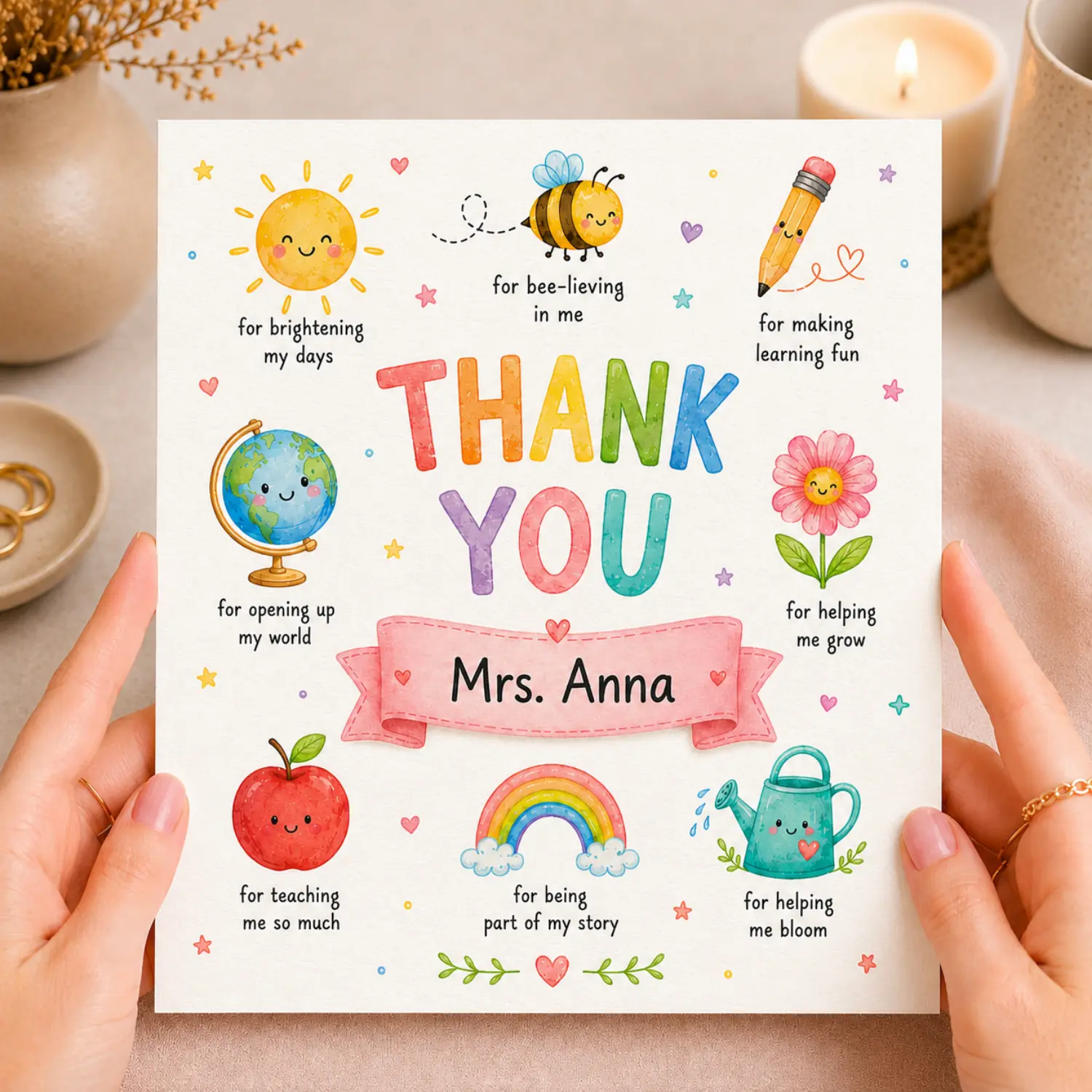 Personalized Teacher Thank You Card, Custom Teacher Appreciation Greeting Card, End of School Year Card, Teacher Gift (5x5 inches)