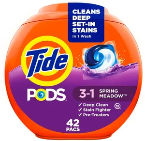 Tide PODS laundry detergent pacs, 3-in-1 Stain Remover, Odor Fighter, Color Protector, 42 Count, HE compatible, Spring Meadow Scent