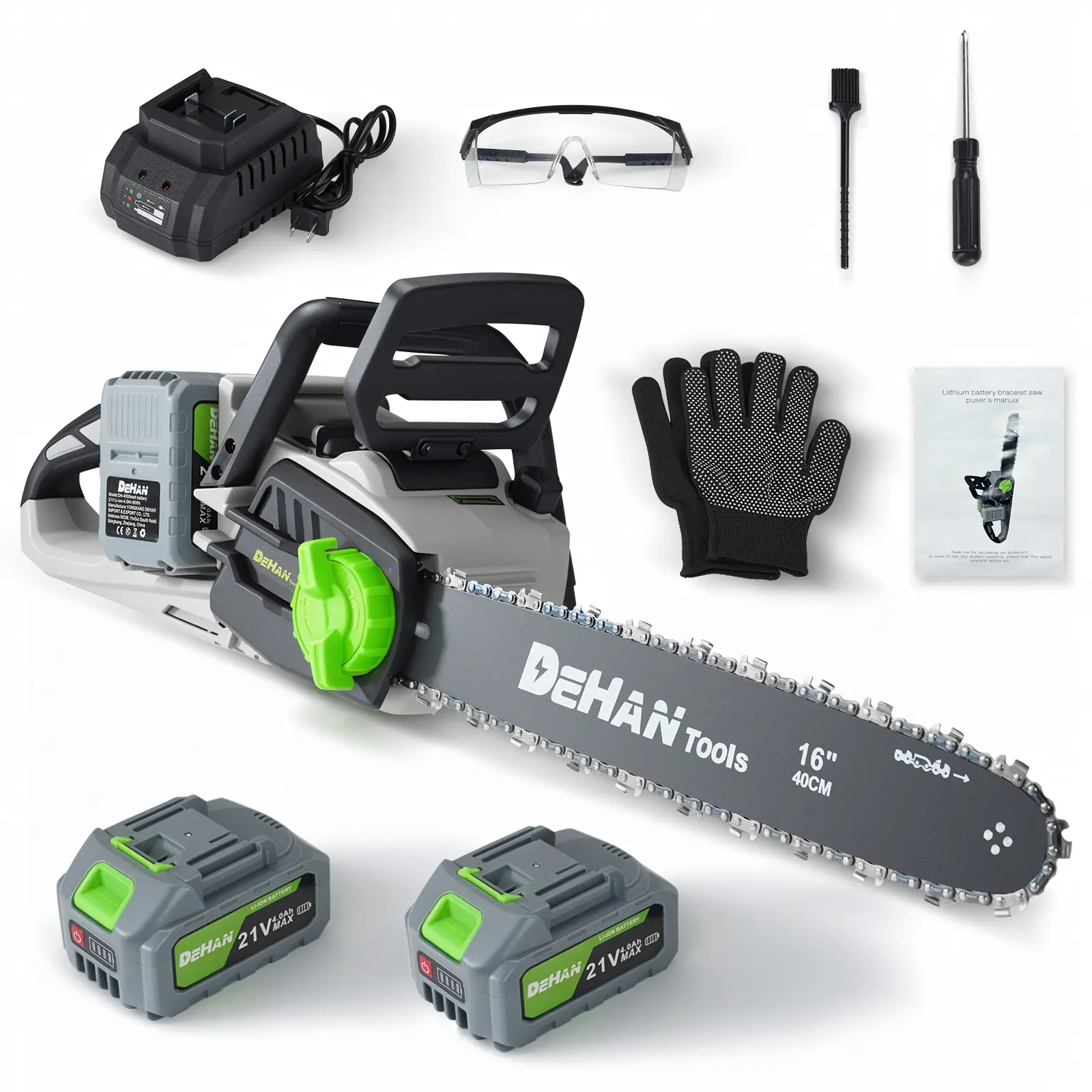 DEHANTOOLS 16-in Brushless Cordless Handheld Powerful Chainsaw, Electric Battery-Powered Wood Cutting & Tree Trimming Tool with Tool Box Gift, for Women with Cleaning Brush, Work Gloves & Socket Wrench, Handheld Chain Saw, Full Kit, Safety Goggles