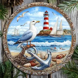 1pc Vintage Nautical Lighthouse Aluminum Wall Decor Sign, 20x20 cm Round Metal Plaque, Classic Maritime Style, Easy Instal