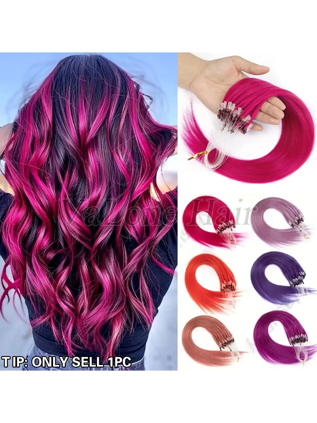 50pcs Micro Loop Hair Extensions, Microloop Human Hair - Colorful choice, red/pink/green/blue, Natural Straight Human Hair, Glueless, Easy Installation, Suitable for women Daily style and Festival decoration