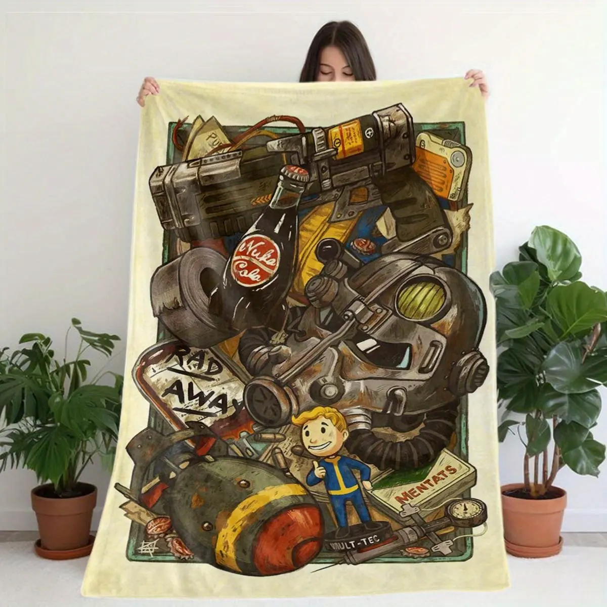 Fallout themed printed flannel blanket with retro game design, suitable for sofa, bed, office and outdoor use, lightweight and durable bedroom chair decor halloween decoration