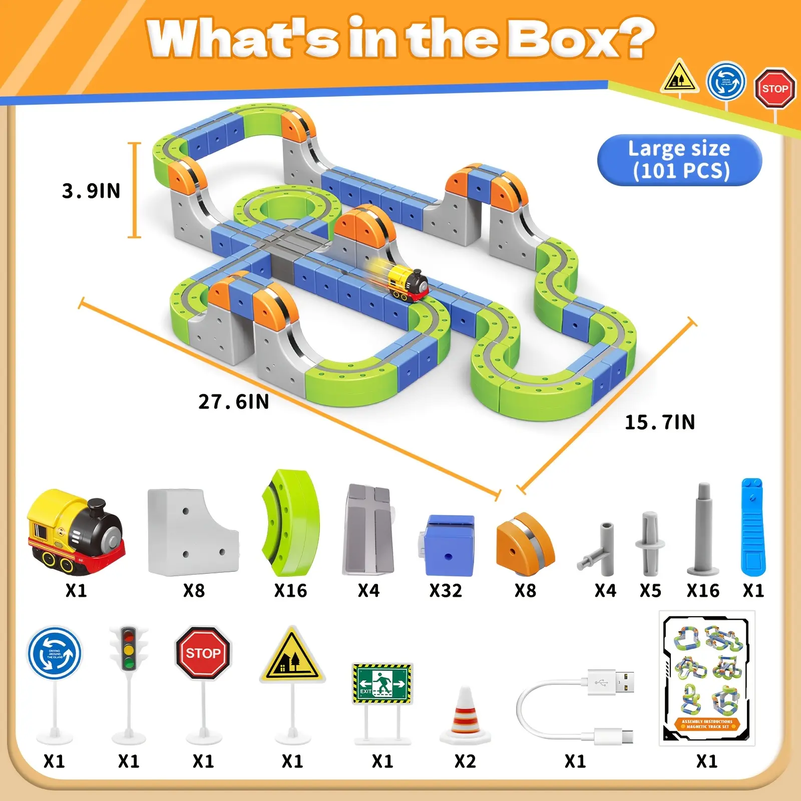 Magnetic Track Train Set with Rechargeable Electric Engine, Flexible Building Pieces, Bridges and Road Signs, DIY STEM Railway Toy for Kids, Indoor Floor Play and Family Activities, Flexible Layouts for Creative Indoor Railway Fun