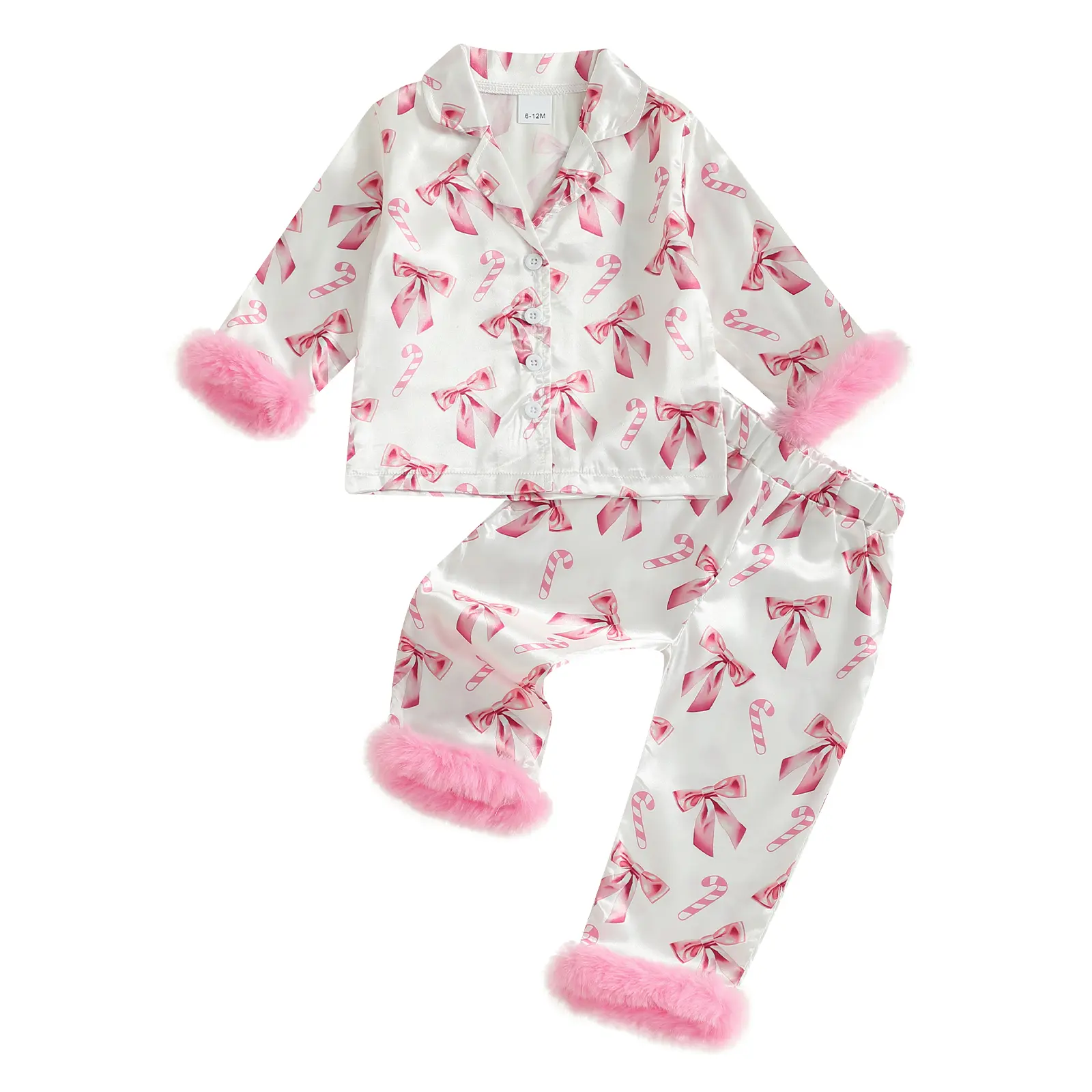 Christmas Toddler Baby Girls Silk Satin Pajamas Set Feather Trim Long Sleeve Botton Shirt Tops Pajama Pant Fuzzy Lounge Pjs