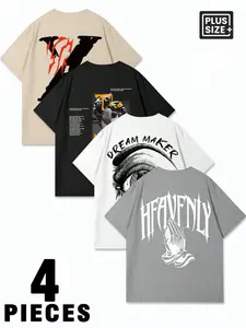 4Pcs Men's Plus Size  American Streetwear Graphic Print Short Sleeve T-Shirts, Casual Graphic Tee, Summer Loose Casual Gothic Tops for Daily Commuting, Streetwear, Gym Workout, Weekend Getaway, Beach Vacation, Date Outing, Music Festival, Multicolor