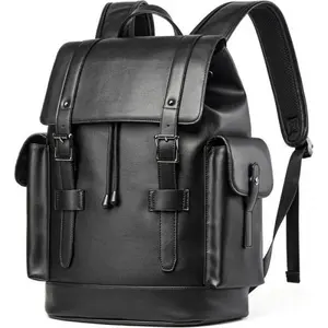 business computer bag Leather  backpack Waterproof Fit 15.6 Inch Laptop Vintage Drawstring Design Large Capacity Travel Sports Outdoor Casual Black Men Women College Backpack