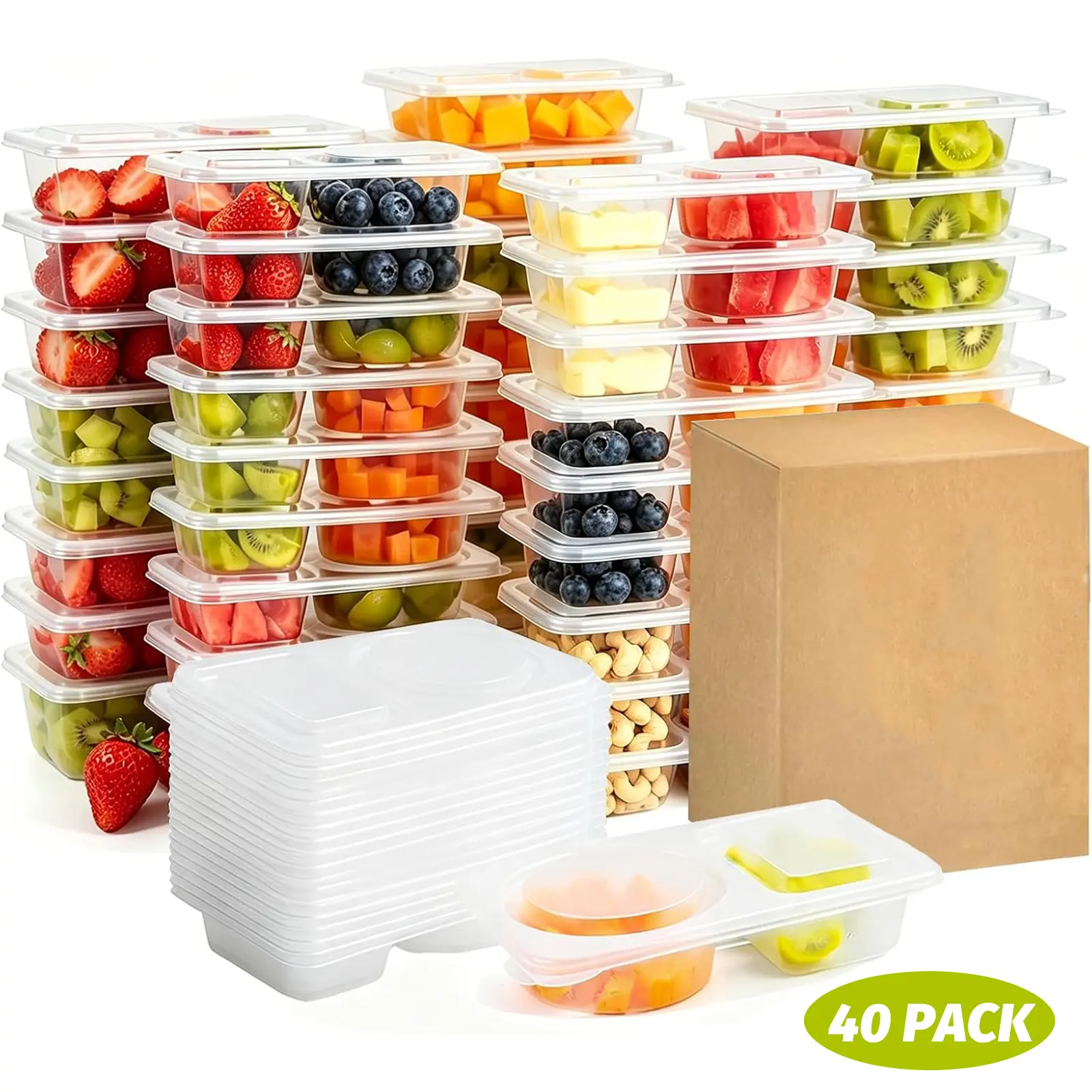 40-Pack Stackable Lunch Food Containers, Reusable Food-Grade Plastic Meal Prep Lunchbox Set with 2 Compartments and Utensils, Lunchboxset