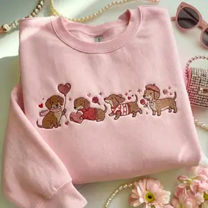 [Made In USA] Valentine Dachshund Embroidered Sweatshirt, Cute Puppy Love Sequence Design, Soft Pink Cozy Shirt, Sweet Gift for Dog Moms