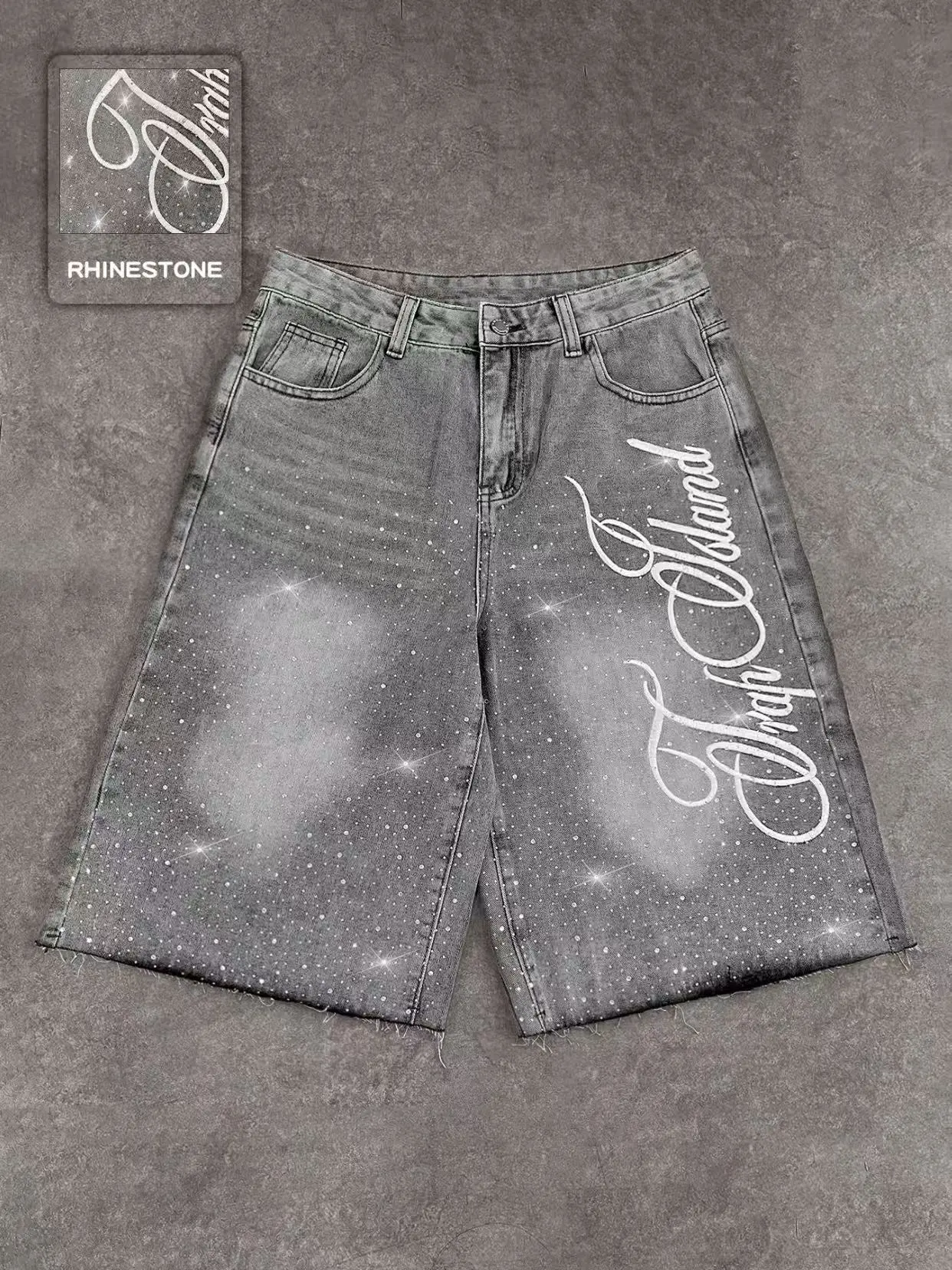 Men's High-Waist Studded Embroidered Casual Jeans - Menswear, Graphic, Elegant, Cute, Chic, Button Fly, American Street Style, All-Season Daily Wear Denim; Letter-Embroidered Shorts (TikTok Shop Back to School)