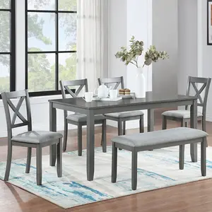 6 Piece Dining Table Set with Bench, Rectangular Wooden Dining Table with 4 Upholstered Chairs and a Bench, Kitchen Dining Table Set for 6 People, Living Room, Home Bar and Kitchen, Gray
