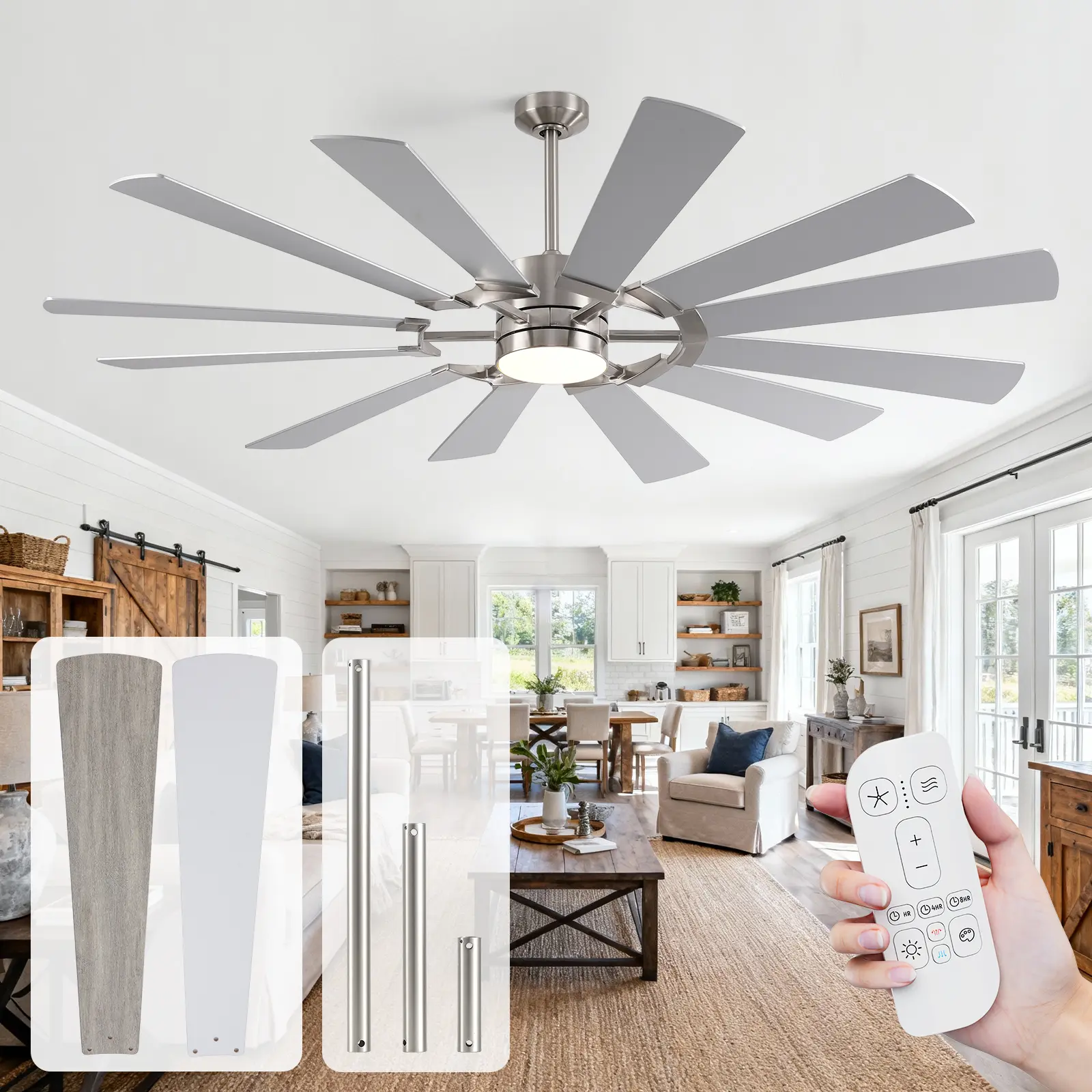 62/72 Inch Outdoor Ceiling Fan with Light Remote Control, Modern Farmhouse Dual Finish 12 Blade Ceiling Fan High Airflow Quiet DC Motor for Patio Porch Living Room Bedroom Indoor Outdoor Use