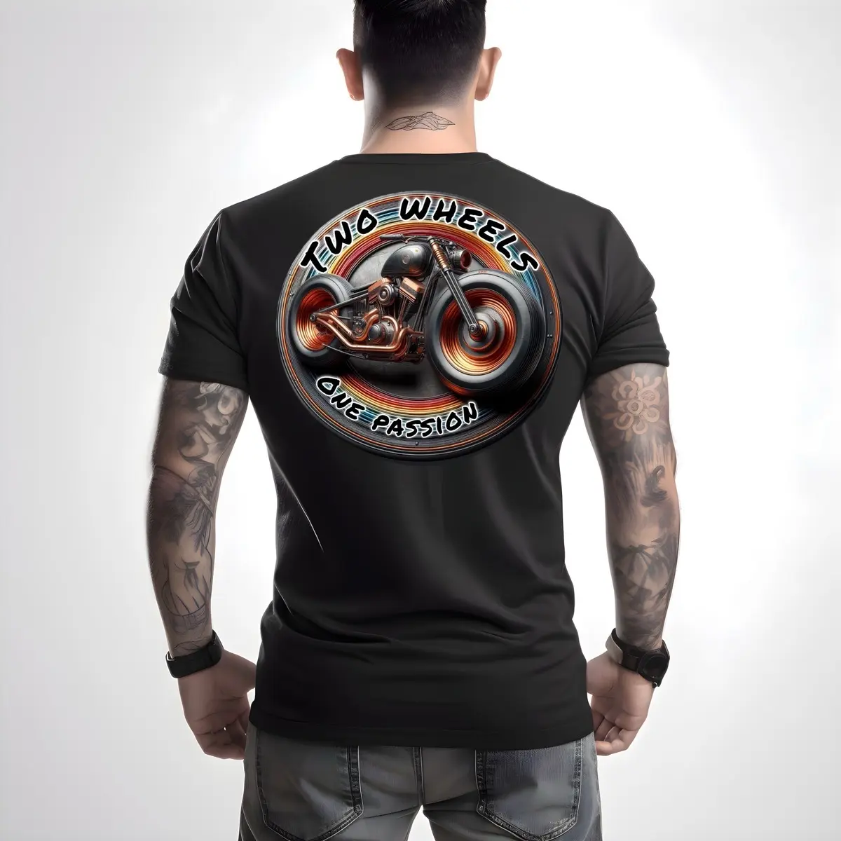 Two wheels, one passion. Dyer Customs Circle neo-Retro Colorful Bobber T-shirt.  Unisex Man Woman. Classic Menswear Shortsleeve Original Smooth (black unique size)