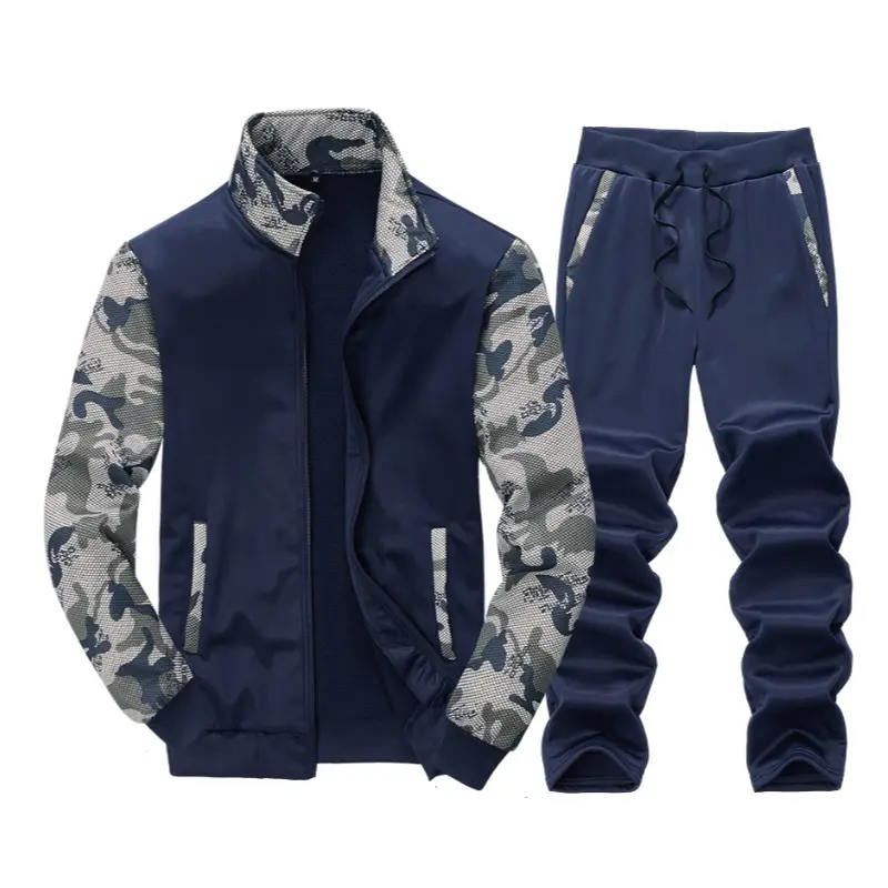 Men's Stylish blue and Camouflage Color-block 2-piece Stand Collar Tracksuit: Fleece-lined Warm Casual Daily Zip-up Jacket Jogger Pants Set, summer ready, modern design, fresh look