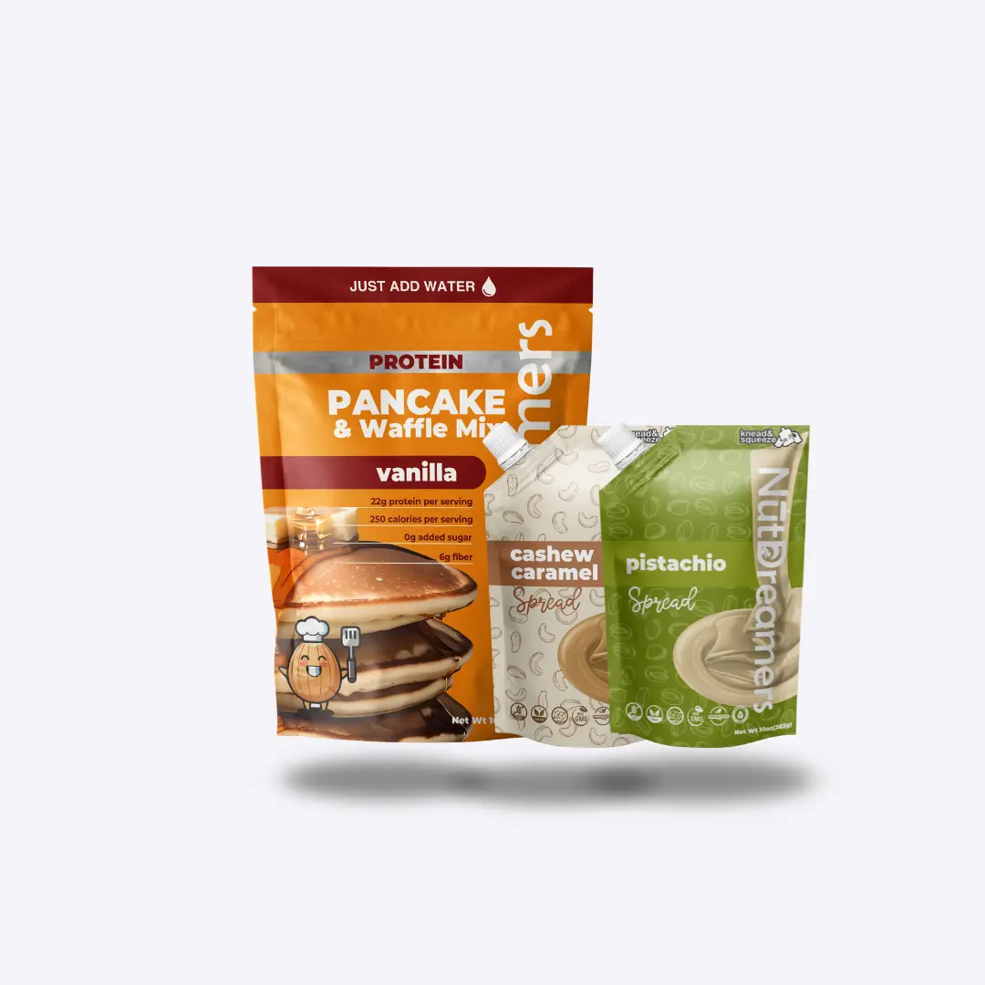 Pistachio Caramel Morning Bundle - 16oz Protein Vanilla Pancake Mix + 10oz Each Pistachio + Cashew Caramel Nut Spreads - Sweet Healthy Breakfast Baking Starter Kit, No Sugar Added, Natural Flavor summerwins