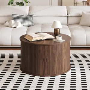 Round Coffee Table with Storage, 27.5" Small Wood Center Table with Sliding Doors, Mid Century Modern Fluted Circle Coffee Tables for Living Room, Small Spaces
