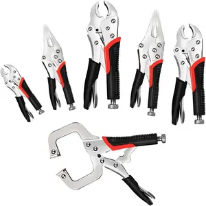 Locking Pliers Set, 6- Vice Grips Pliers Set Long Nose 6-1/2", 9-1/2" Curved Jaw 5" 7" 10" C-Clamp 6" Adjustable Screw