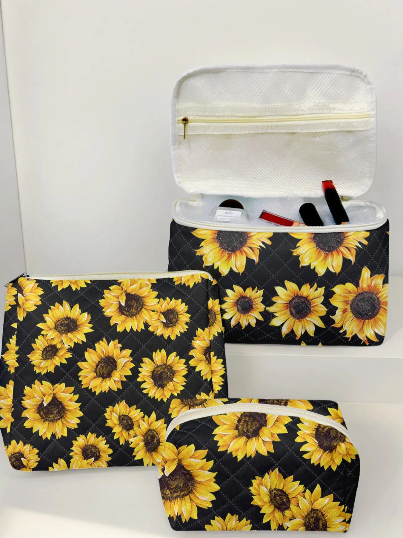 Sunflower Pattern Makeup Bag Set, Large Capacity Travel Toiletry Bag, Portable Travel Makeup Bag, Brush and Accessories Organizer Bag, Makeup Storage Bag, Makeup Pouch, Travel Cosmetic Bag, Travel Makeup Bags Organizers