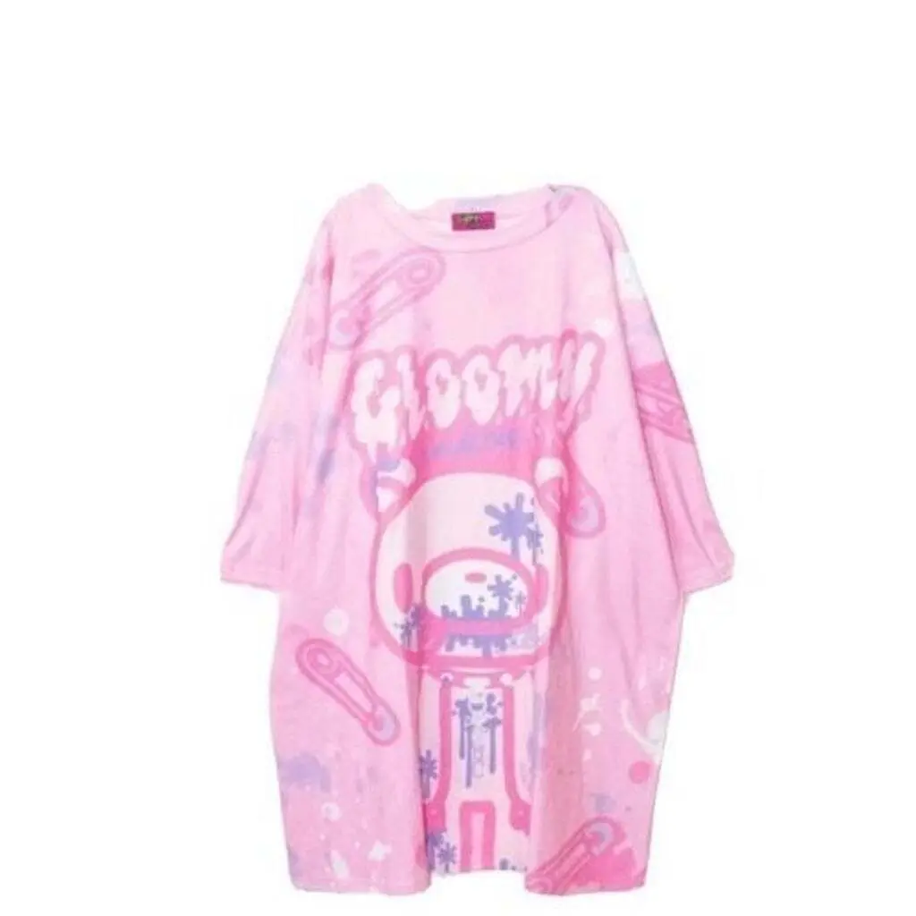 Goth, Emo, Punk Rock, Rocker, Oversized Gloomy Bear Pink/Purple XXL T shirt
