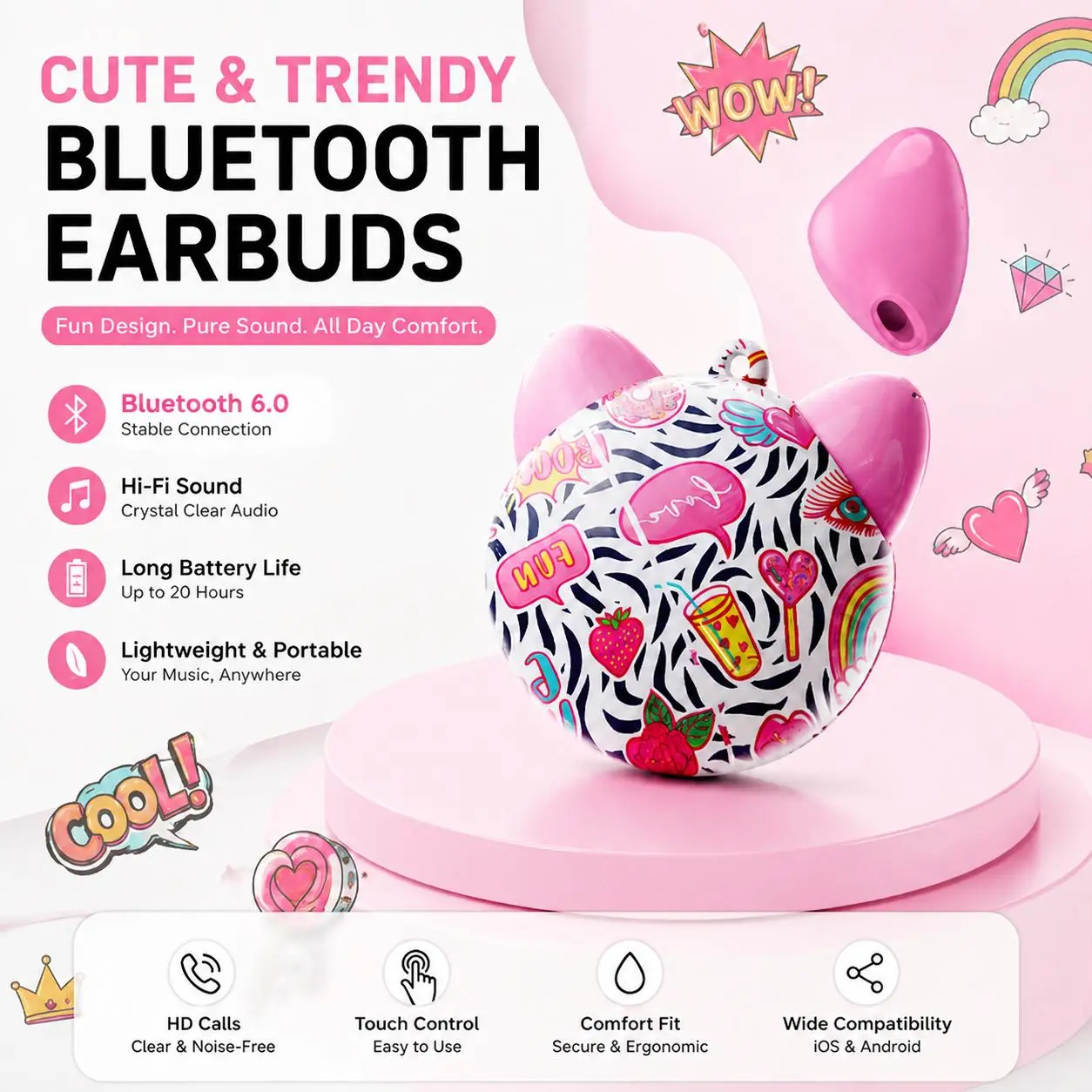 Wireless Bluetooth Earbuds TWS, Cat Ear Design with Keychain, 20H Playtime HiFi Stereo, Mini Portable Fashion Gift for Women Girls Teen audio student