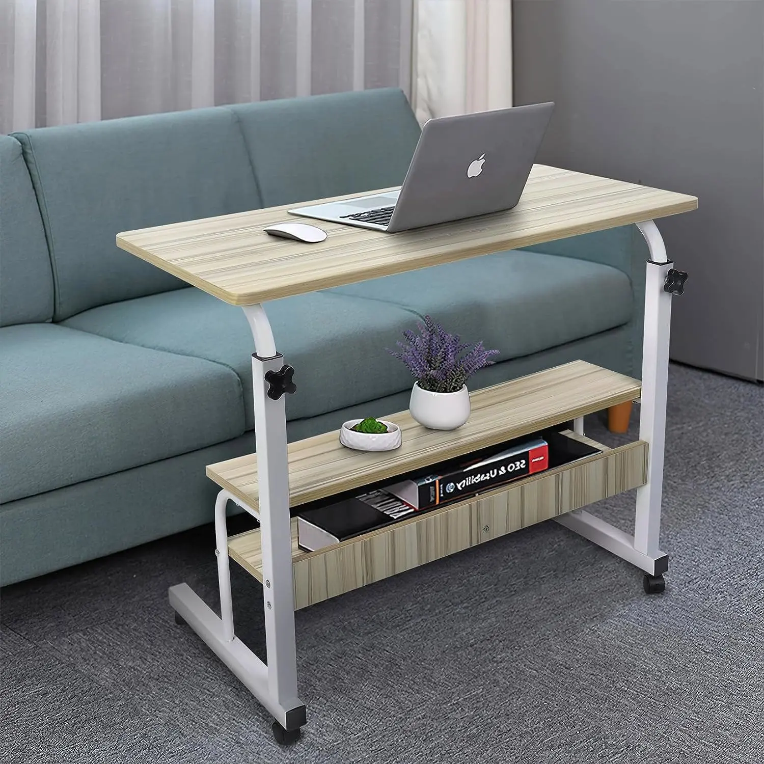 HYGRAD Sturdy Rectangular Wood Computer Desk - 31.49x15.74", 26.40"-35.43" Height Adjustable Single User Portable Standing Laptop Workstation with 4 Lockable Wheels, Under Bed Fit Mobile Rolling Desk for Home, Office - Dark Brown, 26.40” – 35.43” Inches