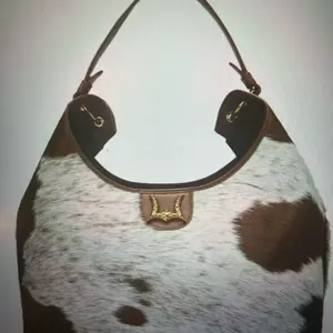 Loyal West Large Purse in Brown and White Cowhide with Gold Accents and Adjustable Straps