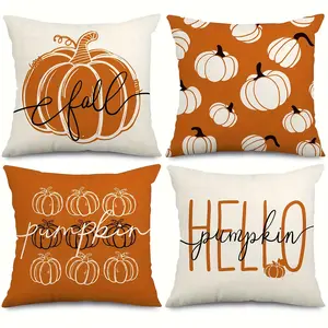 4pcs Autumn Pillow Covers Available Hello Pumpkin Throw Pillow Covers Fall Orange White Pumpkin Cushion Covers Thanksgiving Harvest Farmhouse Home Sofa Couch Car Decor, Single-sided Printing, No Pillow Core