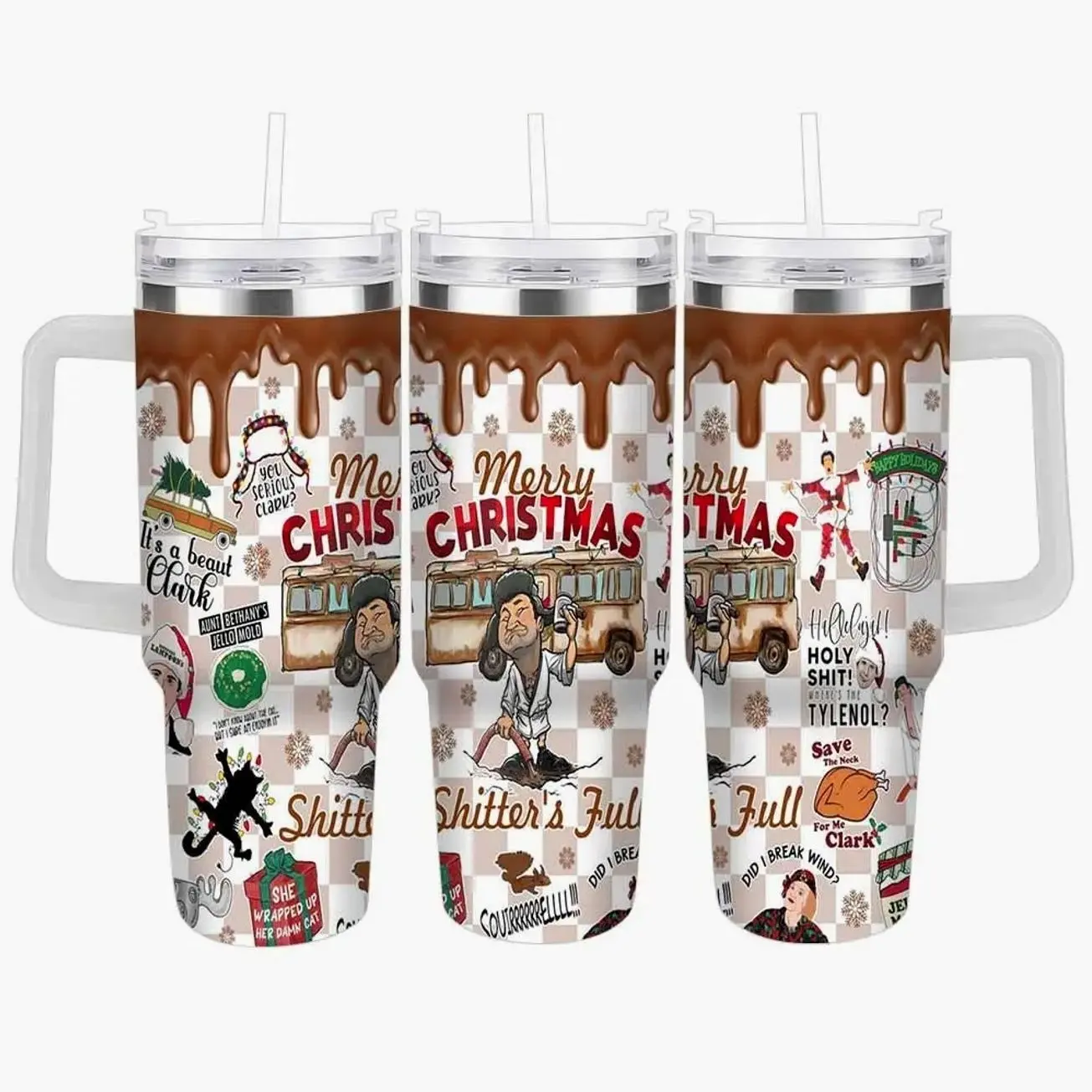 Merry Christmas National Lampoon's Vacation car with Christmas tree car thermos (40oz/30oz/20oz) Griswold family holiday movie hilarious iconic scenes perfect for Christmas gifts holiday parties family gatherings and winter travel