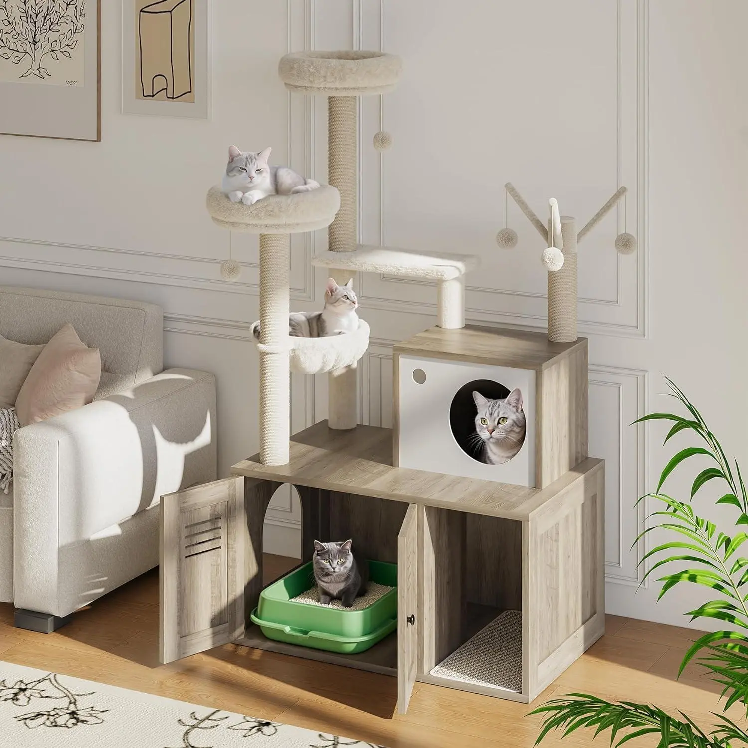 Modern Small Neutral Particleboard Grey Cat Litter Box Enclosure Indoor Furniture Set - Includes Cat Tree Tower, Kitten Condo, Beds, Sisal Scratch Posts, Hidden Box, Washable Plush Pads
