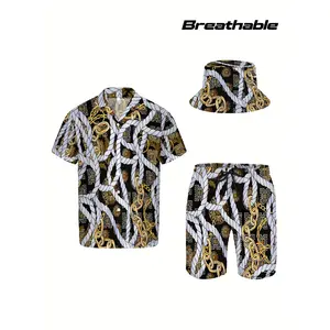 3pcs Men's Hawaiian Shirt And Short Set, Baroque Vintage Rope Golden Luxury Chain Soft Fabric Breathable Shirt Button Short Sleeve Casual Beach Shirts Outfits with Bucket Hats