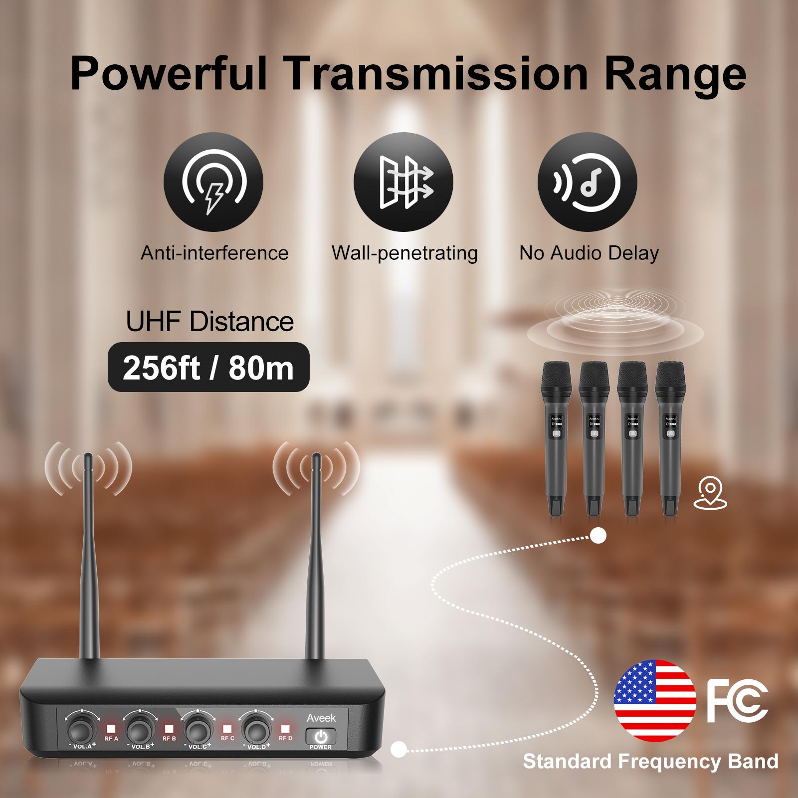 Aveek Wireless Microphone System with 4-Pack Dynamic Handheld Mics, 256ft Long Range, 40-Hour Battery, Low Latency Studio Sound for Karaoke, Singing, Speech, Church, Stage, Wedding, DJ & Events